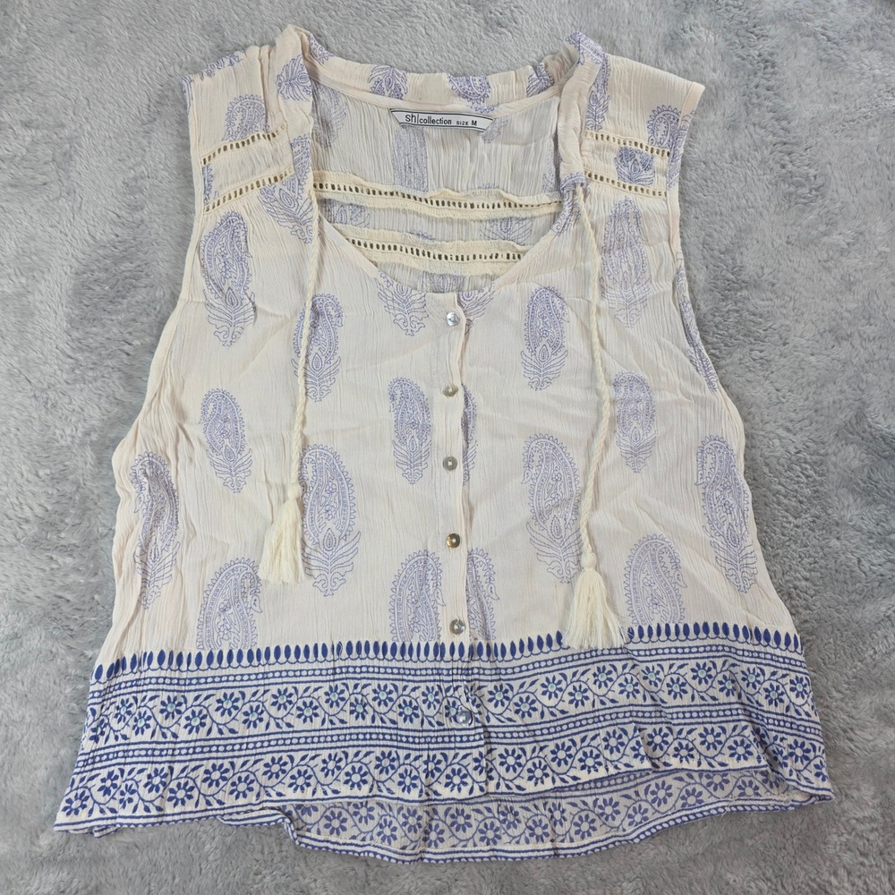 sh|collection Women M Cream Paisley Blouse Tassel Boho Sleeveless Button Front